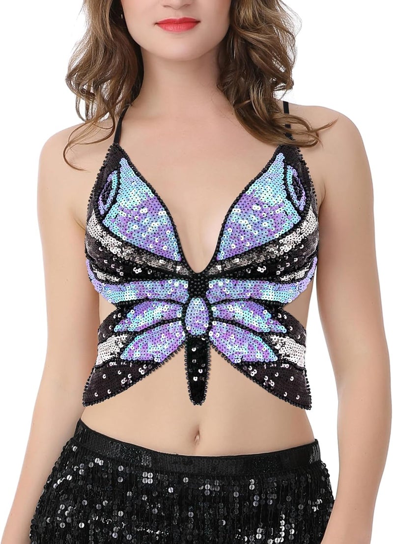 Mocure Womens Glitter Sequin Butterfly Crop Top Low-Cut Tank Top Rave Tube Vest Top for Belly Dance Costume Outfits - Image 2